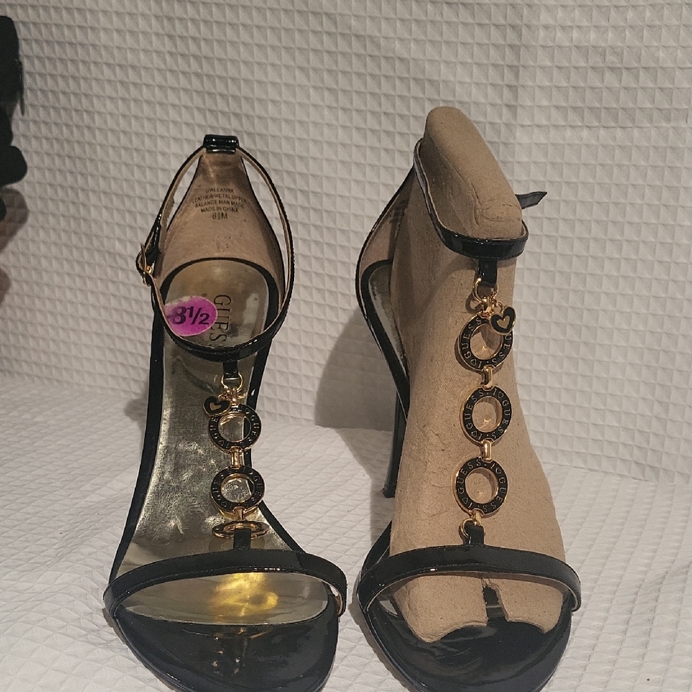 Guess Black and Gold Stiletto Heels with Clear Straps